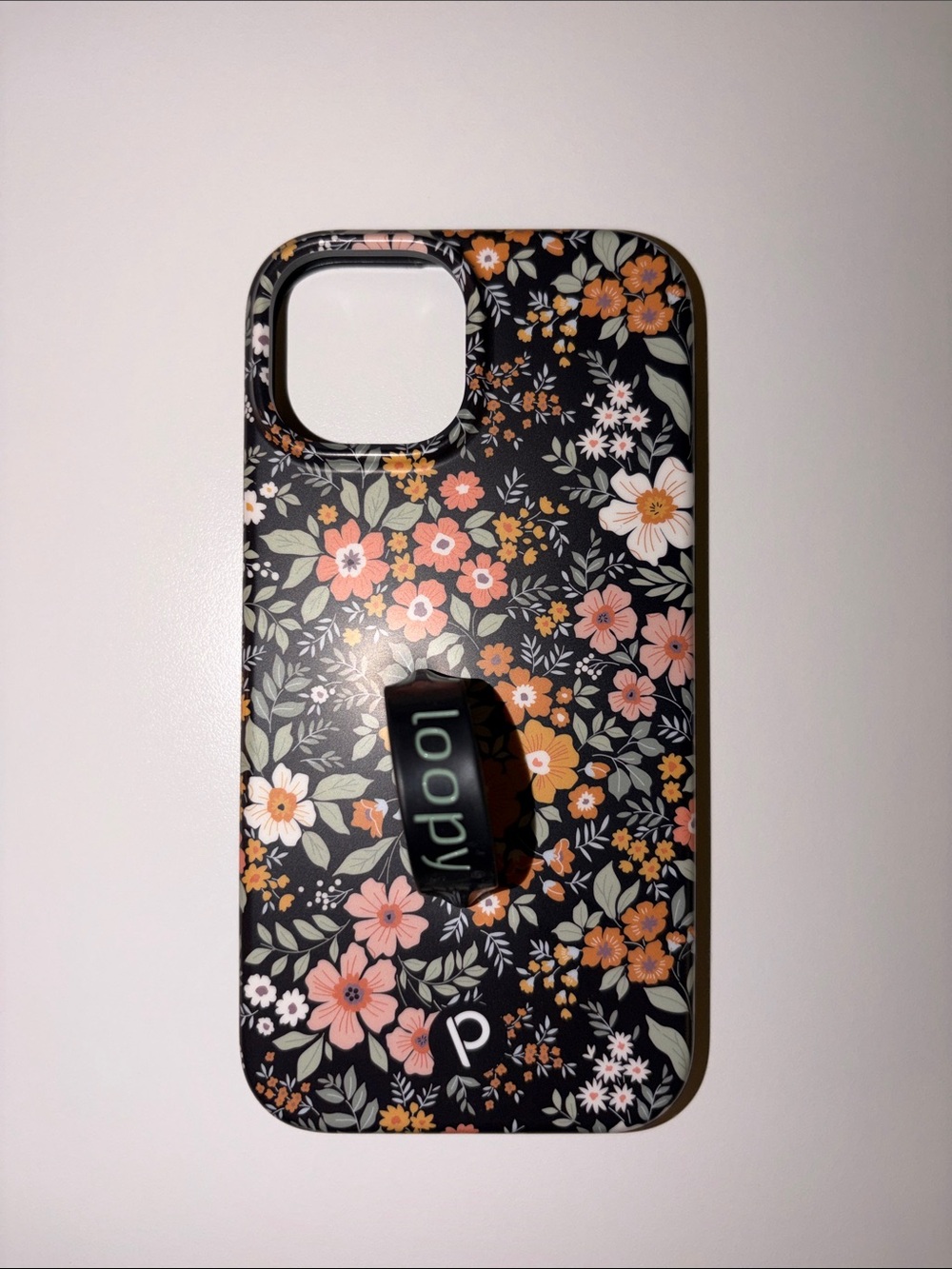 Loopy Phone Case, Black Floral with Pink, White & Orange Blooms for iPhone 15